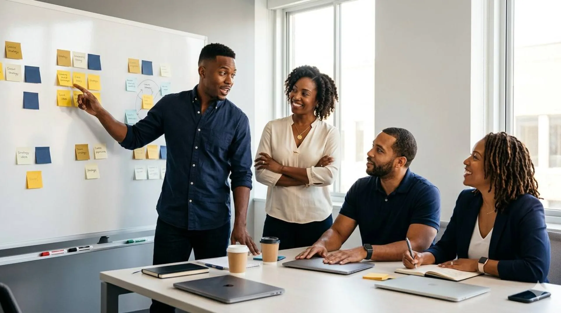 Four co-founders brainstorming around a whiteboard covered in sticky notes in a bright workspace